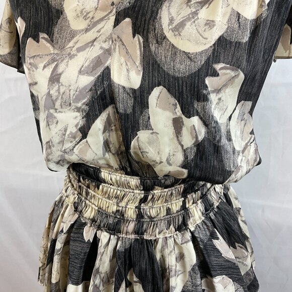 Halston Heritage Dress S Gray Cream Floral Elastic Waist Tiered Butterfly Sleeve - Picture 5 of 14